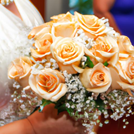 Bó hoa cưới được làm bằng hoa hồng và hoa baby breath.