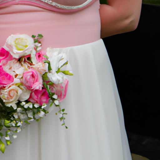 Bó hoa trắng và hồng được đặt cạnh chiếc váy cưới màu hồng đậm