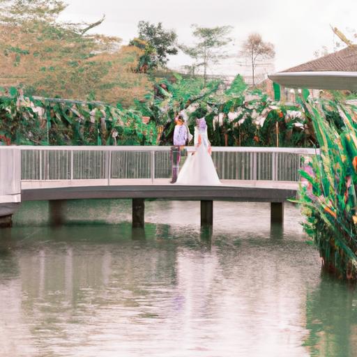 Cô dâu chú rể nắm tay nhau đi trên cây cầu qua hồ tại địa điểm tổ chức đám cưới ở TPHCM.