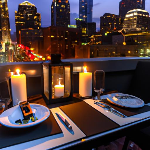 Bữa tối lãng mạn với ánh nến cho hai người tại nhà hàng ngoài trời, nhìn ra khung cảnh tuyệt đẹp của bầu trời đêm thành phố
