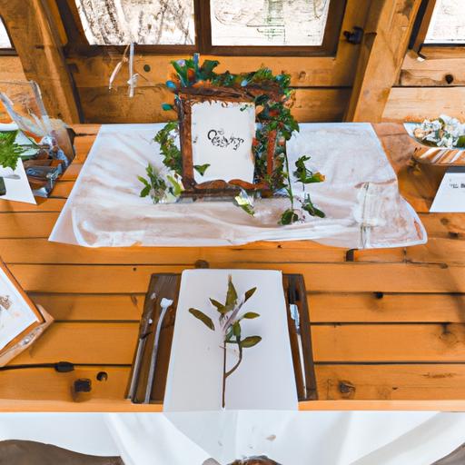 Bộ đồ bàn ăn cưới mộc mạc với chi tiết gỗ và trang trí lá xanh.