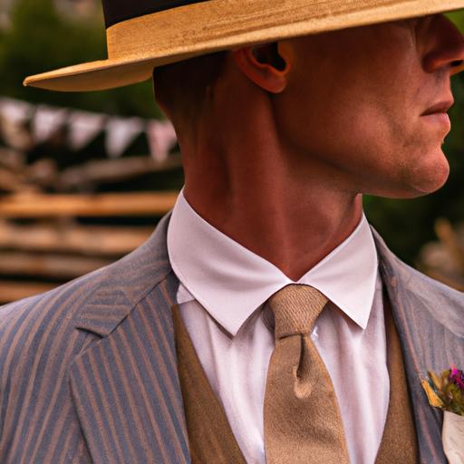 Một chàng trai mặc suit kèm nón rơm tham dự đám cưới miền quê