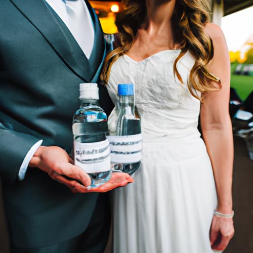 Cặp đôi cầm chai nước suối đám cưới với nhãn chai thiết kế riêng