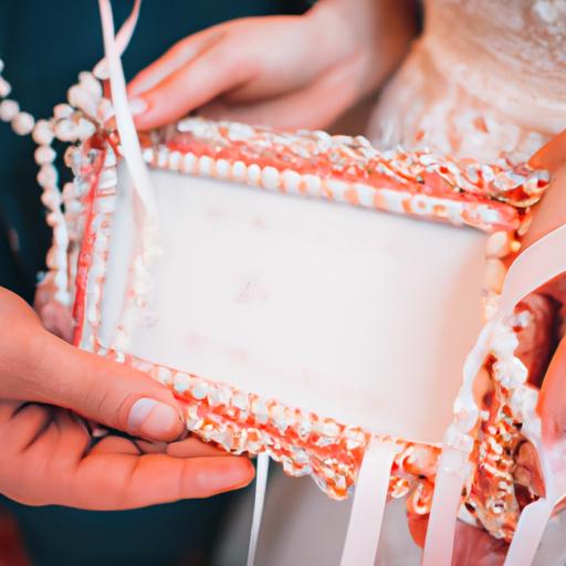 Cặp đôi cầm khung rạp đám cưới nhỏ trang trí bằng nơ và ngọc trai.