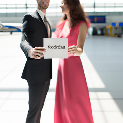 Cặp đôi cầm thiệp cưới đứng tại sân bay.