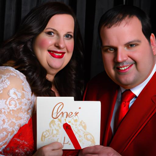 Cặp đôi cầm trên tay thiệp cưới màu đỏ đẹp và tươi cười hạnh phúc.