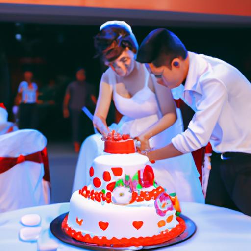 Cặp đôi vui vẻ cắt bánh mừng tại nhà hàng tiệc cưới Tân Bình