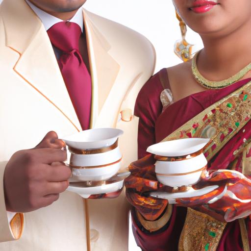 Cặp đôi cưới mặc trang phục truyền thống và cầm tách trà.