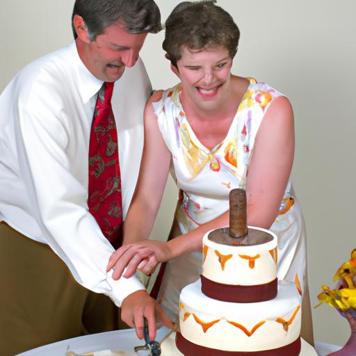 Cặp đôi cười tươi và nắm tay nhau khi cắt bánh kem kỷ niệm 15 năm ngày cưới 4 tầng