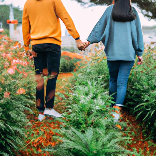 Bức ảnh lãng mạn của một cặp đôi nắm tay nhau và đi dạo trong khu vườn hoa tại Đà Lạt.