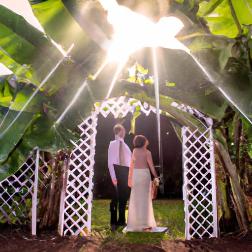 Cặp đôi đứng dưới cổng cưới bằng cây chuối đơn giản nhưng tinh tế, với ánh nắng chiếu qua tán lá xanh rợp bóng.