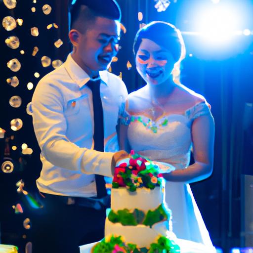 Cặp đôi hạnh phúc cắt bánh cưới tại nhà hàng tiệc cưới Phú Nhuận giữa không gian đẹp lung linh với những đèn lung linh.