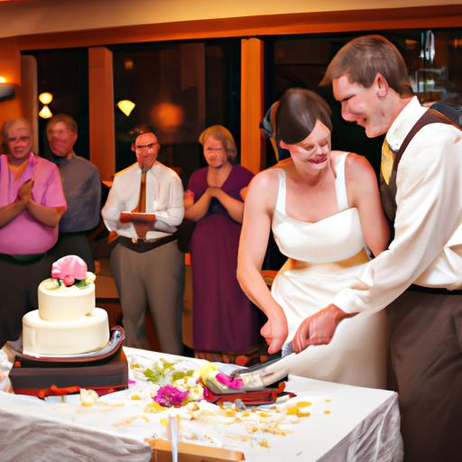 Cặp đôi hạnh phúc cắt bánh cưới trong không khí ấm cúng và gần gũi với người thân của mình.