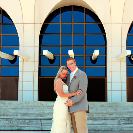Cặp đôi hạnh phúc đứng trước rạp cưới màu xanh dương đẹp ngỡ ngàng.