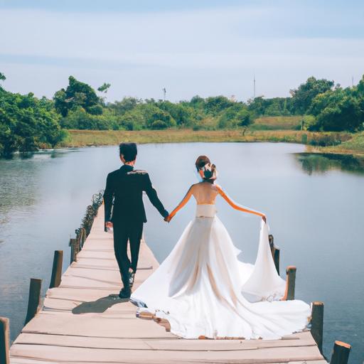 Cặp đôi mới cưới đi bộ tay trong tay trên cây cầu gỗ qua hồ yên tĩnh tại Hồ Cốc.