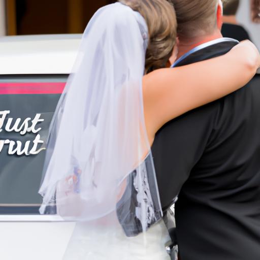 Cặp đôi mới cưới ôm nhau trước chiếc xe hoa cưới màu đen với biển báo 'Vừa Cưới' trên kính sau.