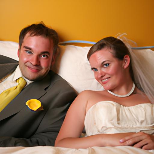 Cặp đôi mới cưới nằm trên bộ chăn ga gối đệm cưới màu vàng