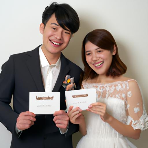 Cặp đôi nắm giữ mẫu thiệp cưới với nụ cười tươi.