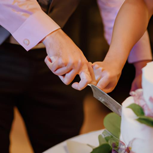 Cặp đôi nắm tay cắt bánh kem cưới nhỏ