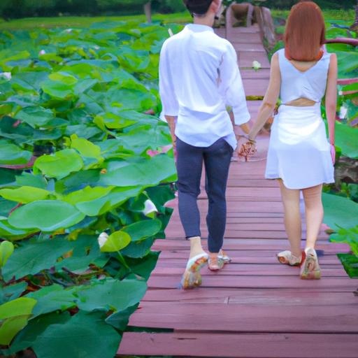 Cặp đôi nắm tay đi bộ trên cây cầu trên hồ sen
