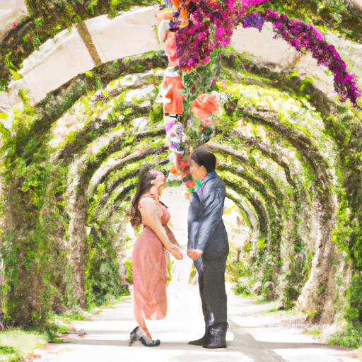 Couple holding hands and kissing under flower arch