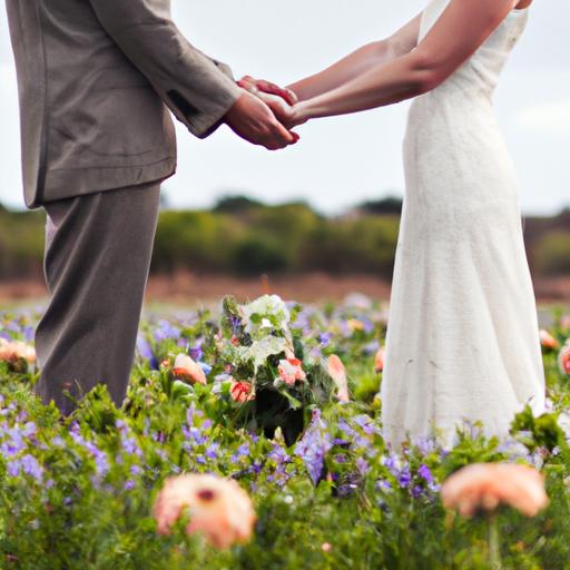 Cặp đôi đang nắm tay trong đồng hoa trong lễ cưới đồng quê của họ.
