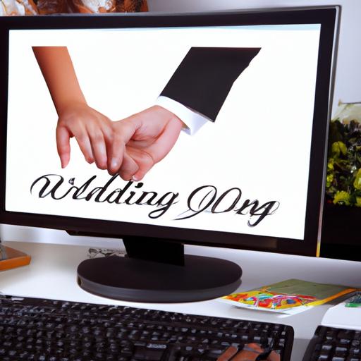 Cặp đôi nắm tay trước màn hình máy tính với thiệp cưới online của họ được hiển thị