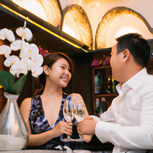 Cặp đôi nâng ly rượu sâm panh trong không khí trang trọng của nhà hàng Cát Khánh