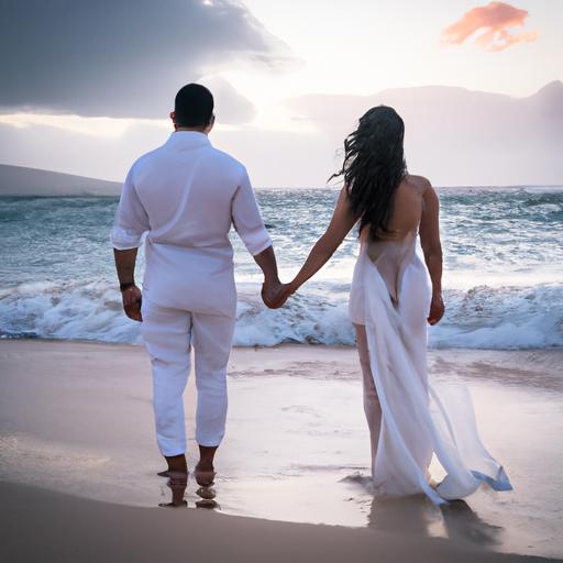 Cặp đôi tay trong tay đi bộ trên bãi biển hoàng hôn kỷ niệm 3 năm ngày cưới