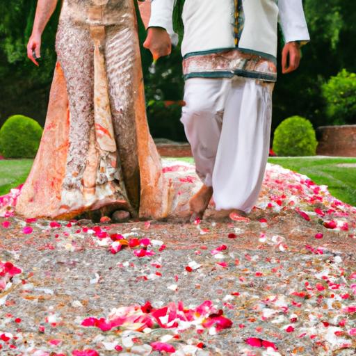 Cặp đôi tay trong tay đi dọc lối đi phủ đầy hoa cưới trong bộ trang phục cưới truyền thống.