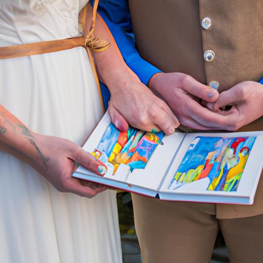 Cặp đôi tay trong tay với cuốn sách tô màu váy cưới của họ
