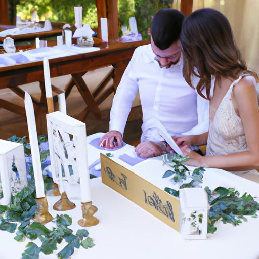 Cặp đôi ngắm nhìn bảng tên để bàn tiệc cưới được thiết kế tinh tế với tên của từng khách mời.