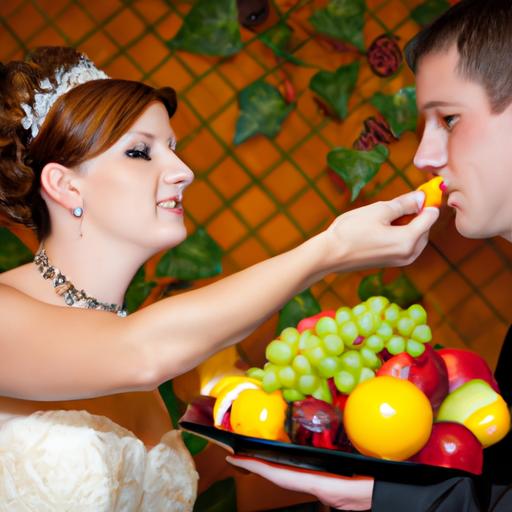 Cặp đôi thưởng thức trái cây từ kết trái cây đám cưới