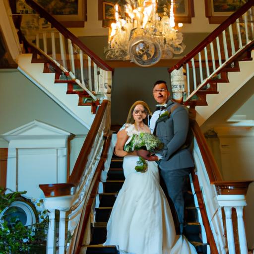 Cặp đôi chú rể và cô dâu đứng trước cầu thang lộng lẫy tại một địa điểm tiệc cưới.