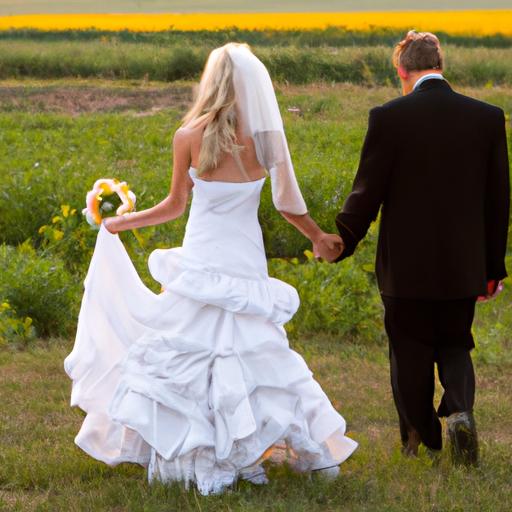 Cặp đôi tình nhân đang đi bộ giữa đồng hoa rực rỡ trong ngày cưới