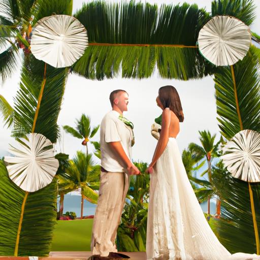 Cặp đôi trao lời hứa dưới cổng cưới lá dừa đẹp tuyệt vời.