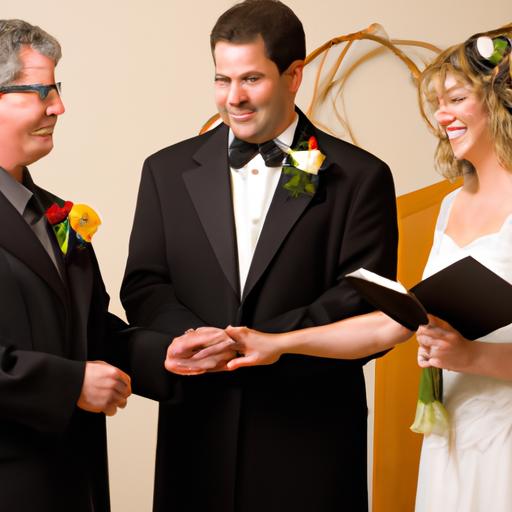 Cặp đôi trao lời hứa với nhau trong lễ cưới, MC đứng bên cạnh. ©️Photo by Tran Thi B