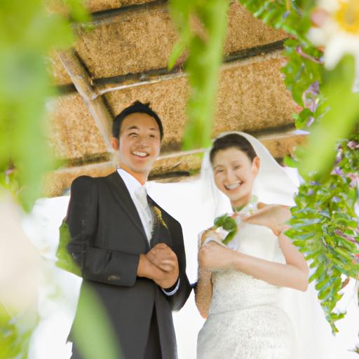Cặp đôi đứng trước bàn thờ hoa rực rỡ