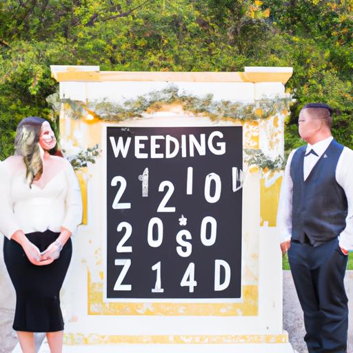 Cặp đôi đứng trước bảng chữ đám cưới với tên và ngày cưới của họ