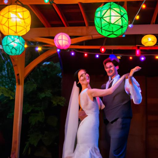 Đôi uyên ương nhảy múa dưới màn đèn lồng tạo nên không khí vui tươi trong ngày cưới.