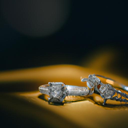 Sự sang trọng và quý phái được thể hiện qua cặp nhẫn cưới đính kim cương lấp lánh.