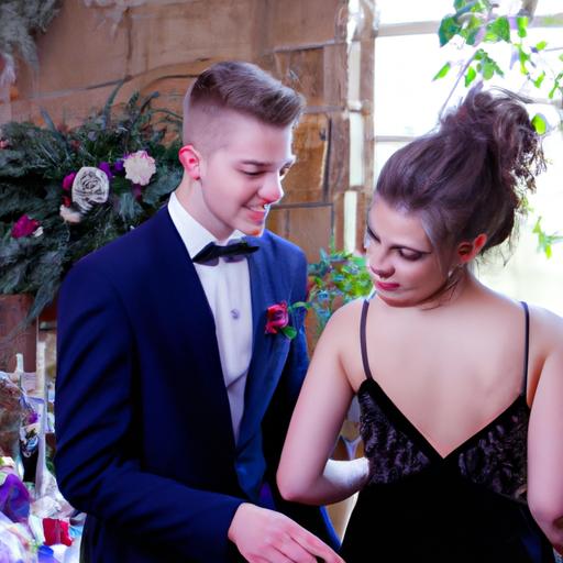 Một cặp trẻ tại tiệc cưới, ngắm nhìn trang phục của các học sinh trung học tham dự sự kiện.