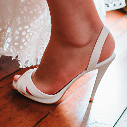 Gần cận chân cô dâu trong đôi giày cưới trắng tinh tế với chi tiết ren.