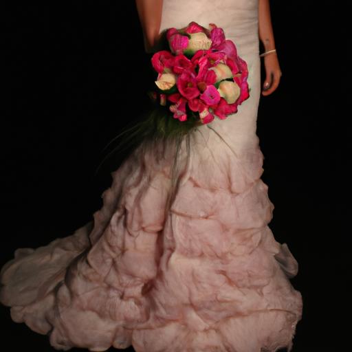 Một cô dâu tuyệt đẹp mặc chân váy dự tiệc cưới xoè nhẹ và cầm bó hoa hồng hồng.