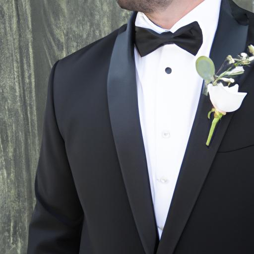 Chú rể với kiểu tóc hiện đại mặc bộ vest đen và cài hoa trắng.