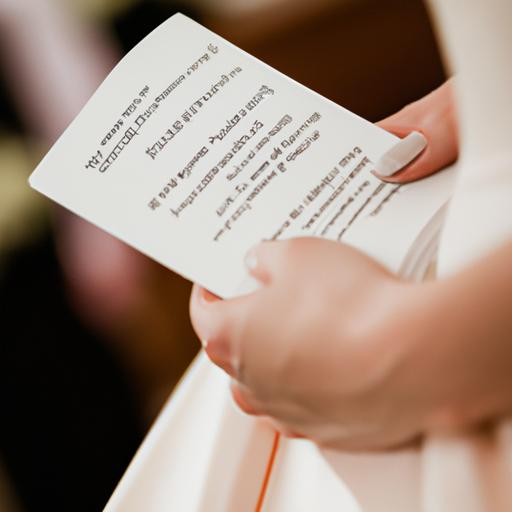 Gần cận một tấm hình cô dâu cầm chương trình lễ cưới công giáo với các đoạn đọc trong lễ