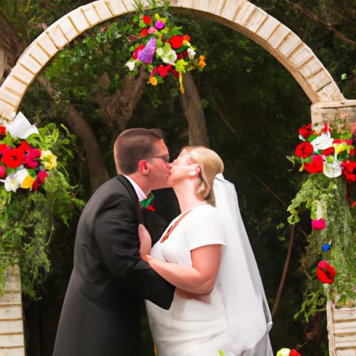 Cô dâu và chú rể chia sẻ nụ hôn dưới cánh cổng hoa.