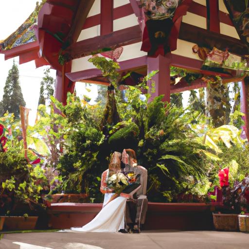 Cô dâu và chú rể ngồi trên bậc thang của một ngôi chùa, được bao quanh bởi hoa và cây cối xanh tươi.