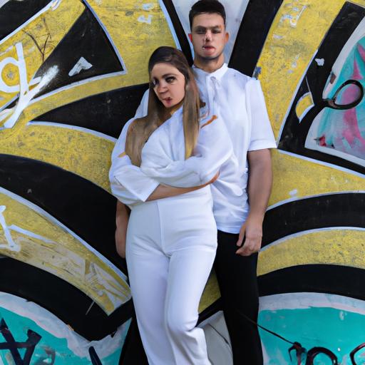 Cặp đôi trong trang phục trắng hiện đại đứng trước tường graffiti