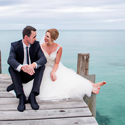 Ngồi trên bến gỗ với biển cả làm nền tảng, cặp đôi đang thưởng thức khoảnh khắc của mình trong bộ ảnh cưới tại Phú Quốc.